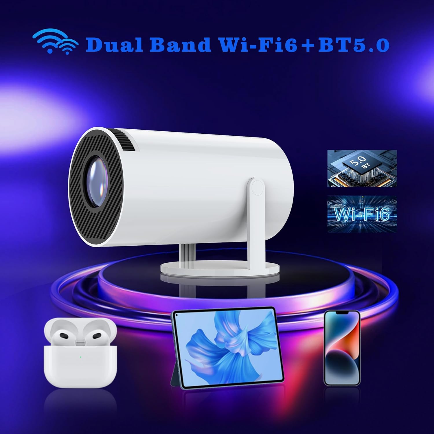 📽️ Mini Projetor Portátil 5G Wi-Fi 6, BT 5.0, Android 11 - Suporte 4K Full HD 8000 Lumens