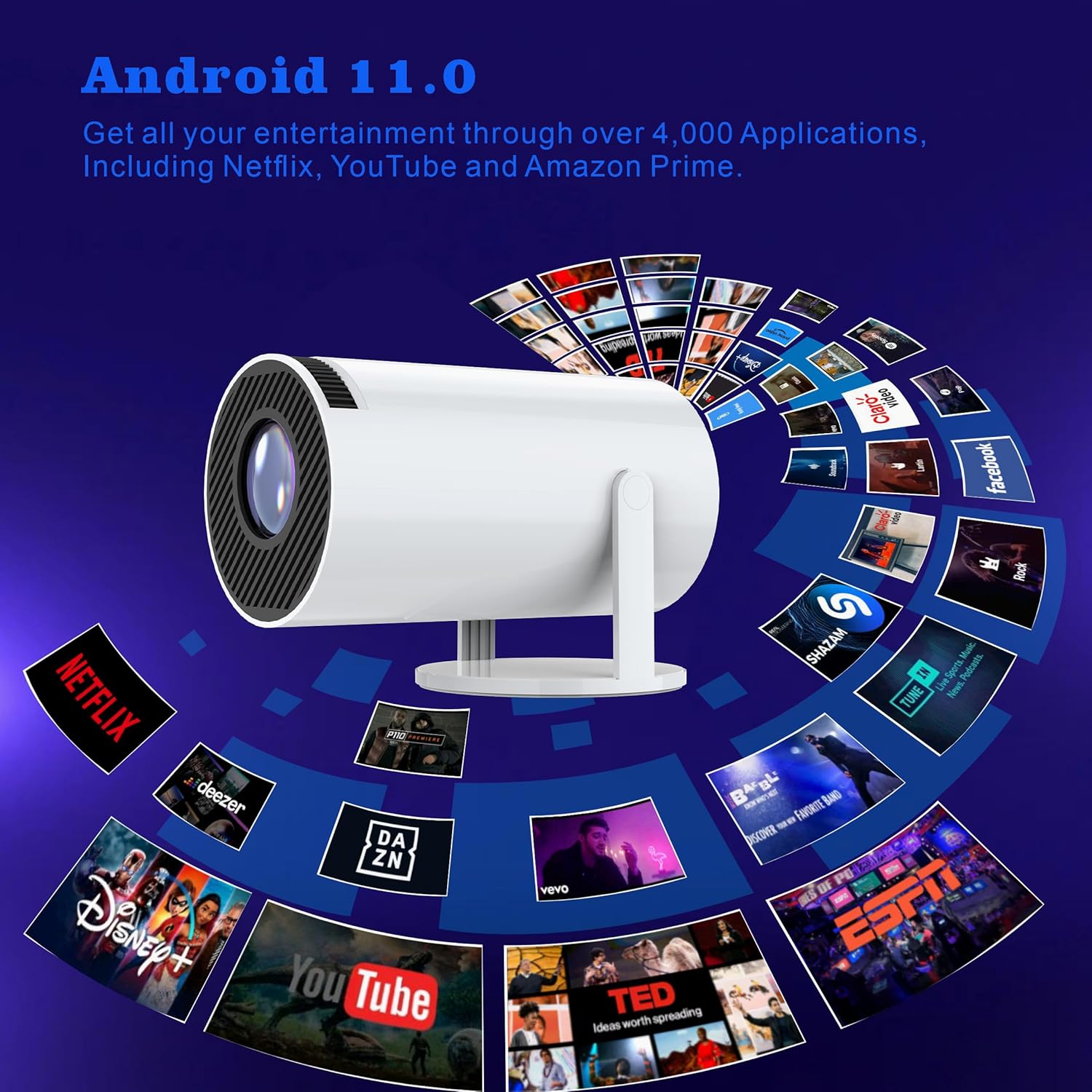 📽️ Mini Projetor Portátil 5G Wi-Fi 6, BT 5.0, Android 11 - Suporte 4K Full HD 8000 Lumens